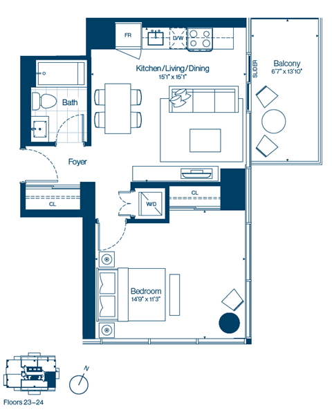 Floor plan for 1 bed, 1 bath, 607 sqft